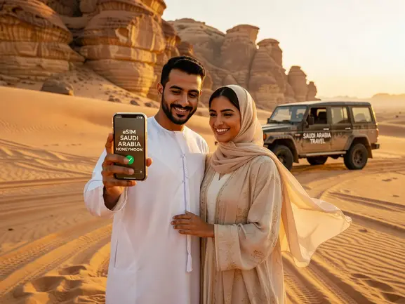 eSIM Saudi Arabia honeymoon couple staying connected with eSIMYat travel data plan