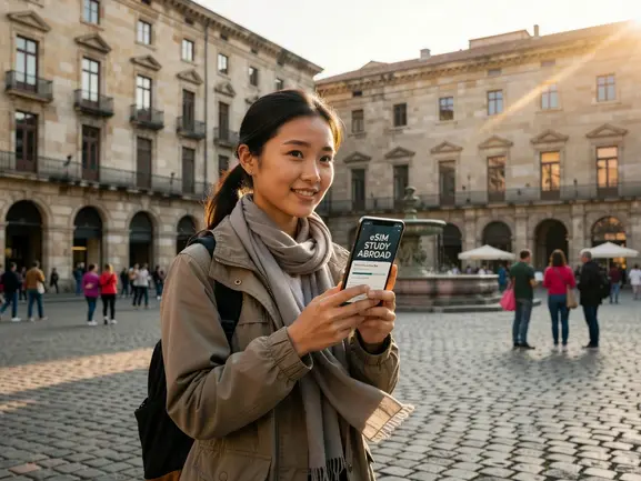 Student using eSIM study abroad plan on phone at university campus