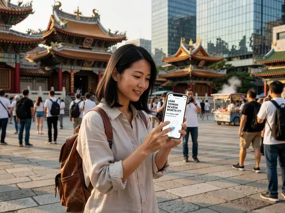 eSIM Taiwan review - traveler using phone in Taipei with instant data connection