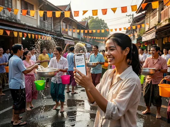Traveler using eSIM during Thai Songkran water festival in Chiang Mai
