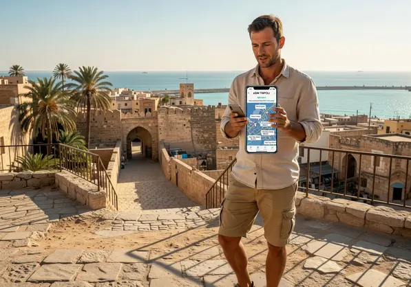 Tourist using eSIM for Tripoli Lebanon on a smartphone near the old city souks