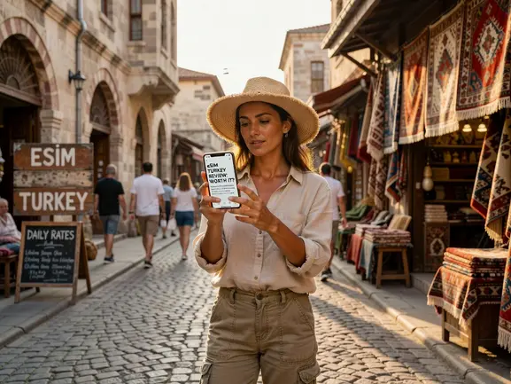 eSIM Turkey review worth it - traveler using eSIMYat data in Istanbul