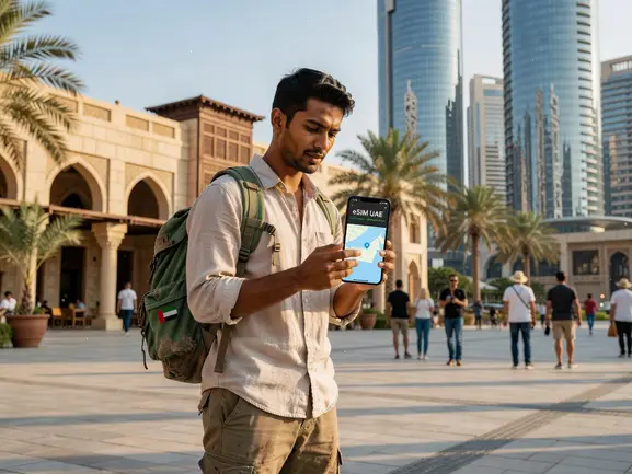 Backpacker using eSIM in Dubai Marina - eSIMYat travel eSIM guide for UAE