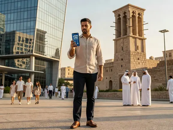 esim uae business traveler using eSIMYat for video conferencing in Dubai