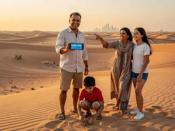 Family using eSIM on UAE vacation at Dubai skyline - eSIMYat travel eSIM guide