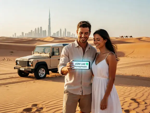 Couple using eSIM in Dubai on honeymoon - eSIMYat UAE travel eSIM guide