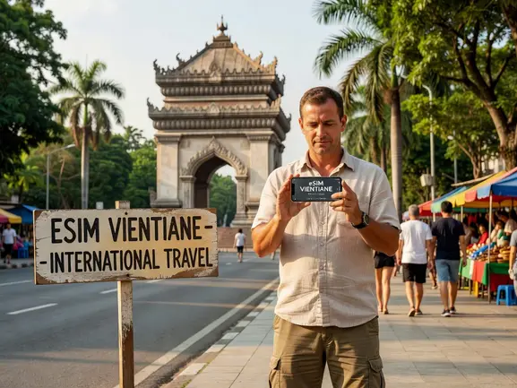 eSIM for Vientiane Laos - tourist internet guide showing Mekong riverfront connectivity