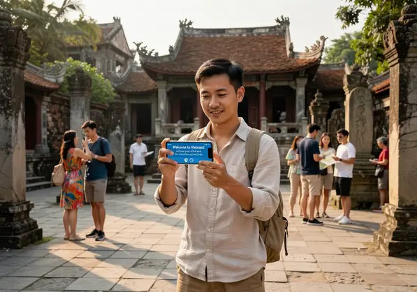 Tourist using eSIM in Vietnam - eSIMYat travel eSIM guide for Hanoi and Ho Chi Minh City