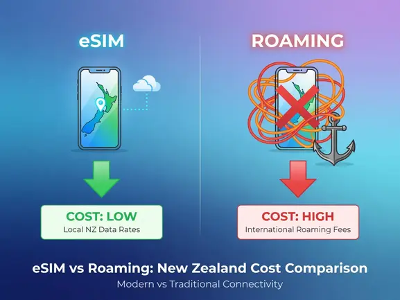 eSIM vs roaming New Zealand cost comparison chart showing savings with eSIMYat
