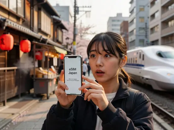Traveler activating a Japan travel eSIM on a smartphone in Tokyo