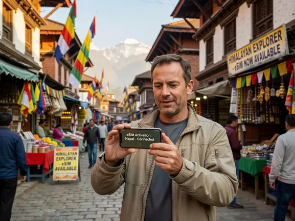 Traveler activating a travel eSIM on a smartphone with Himalayan mountains in Nepal behind