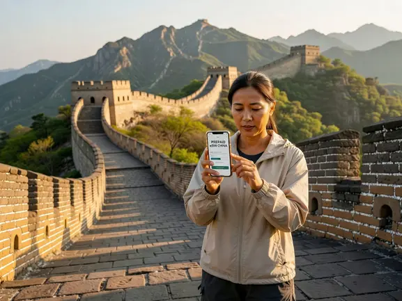 Traveler activating prepaid eSIM for China on iPhone at Beijing airport