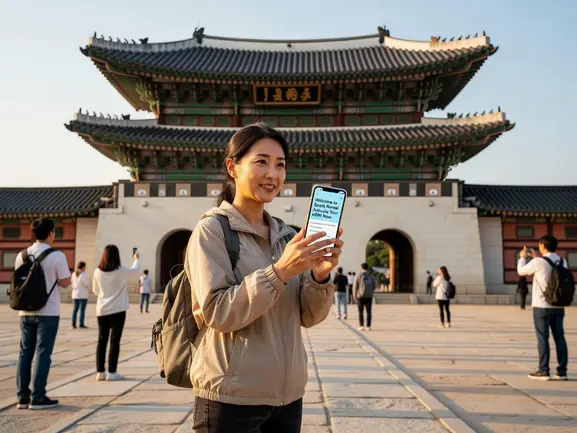 Traveler using prepaid eSIM in South Korea with Seoul skyline in background