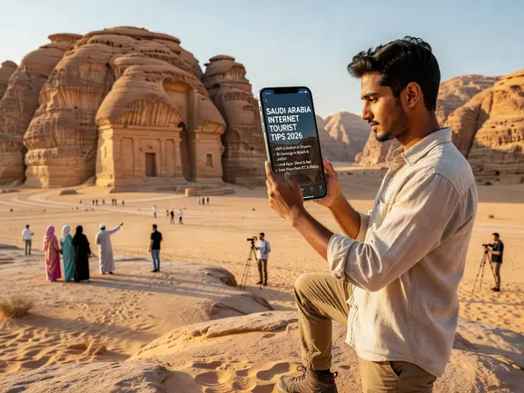 Tourist comparing internet options in Saudi Arabia with smartphone