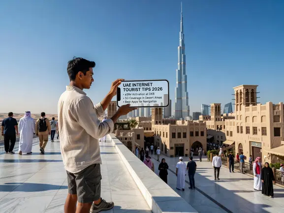 Tourist using phone with Dubai skyline showing internet connectivity options
