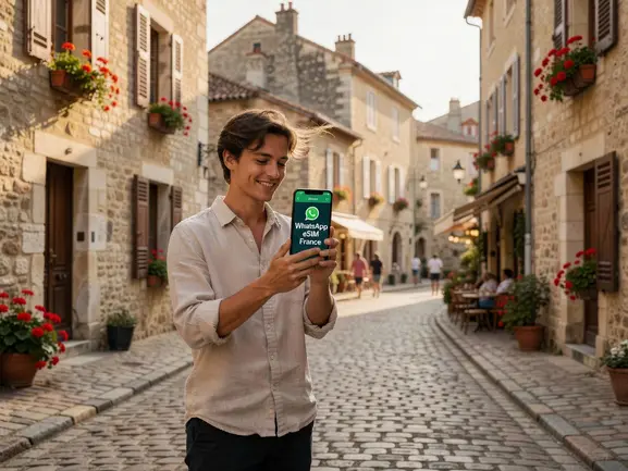 Traveler using WhatsApp in Paris with eSIMYat France eSIM active on iPhone