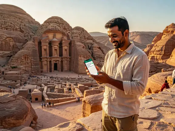 Traveler using WhatsApp in Jordan with eSIMYat eSIM at Petra