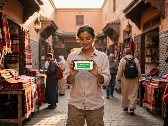 Traveler using WhatsApp with eSIMYat Morocco eSIM on a phone in Marrakech