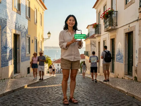 Traveler using WhatsApp in Lisbon Portugal with eSIMYat eSIM data plan