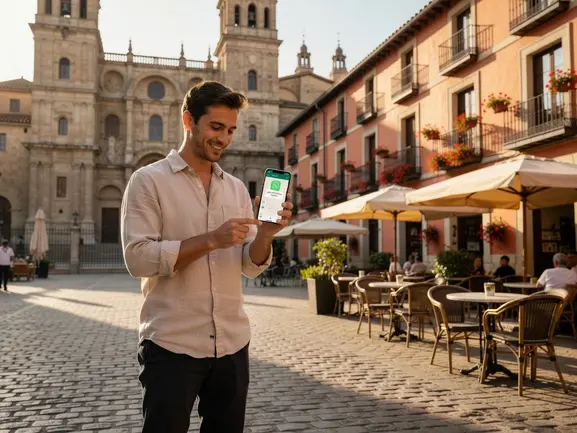 Traveler using WhatsApp on phone in Barcelona with eSIM Spain data connection