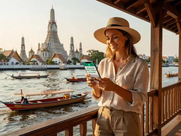 Traveler using WhatsApp in Thailand with eSIMYat eSIM on their smartphone