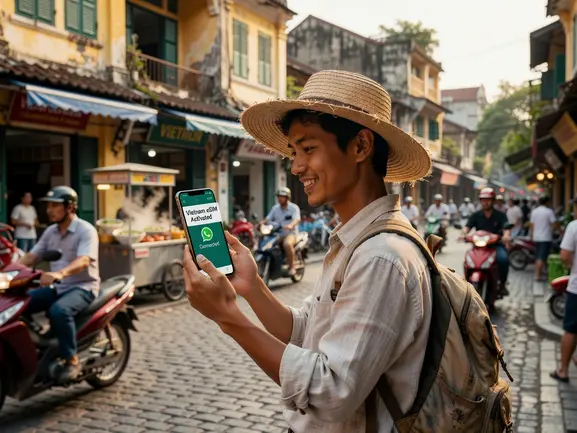 Traveler using WhatsApp on phone in Vietnam with eSIMYat eSIM connected